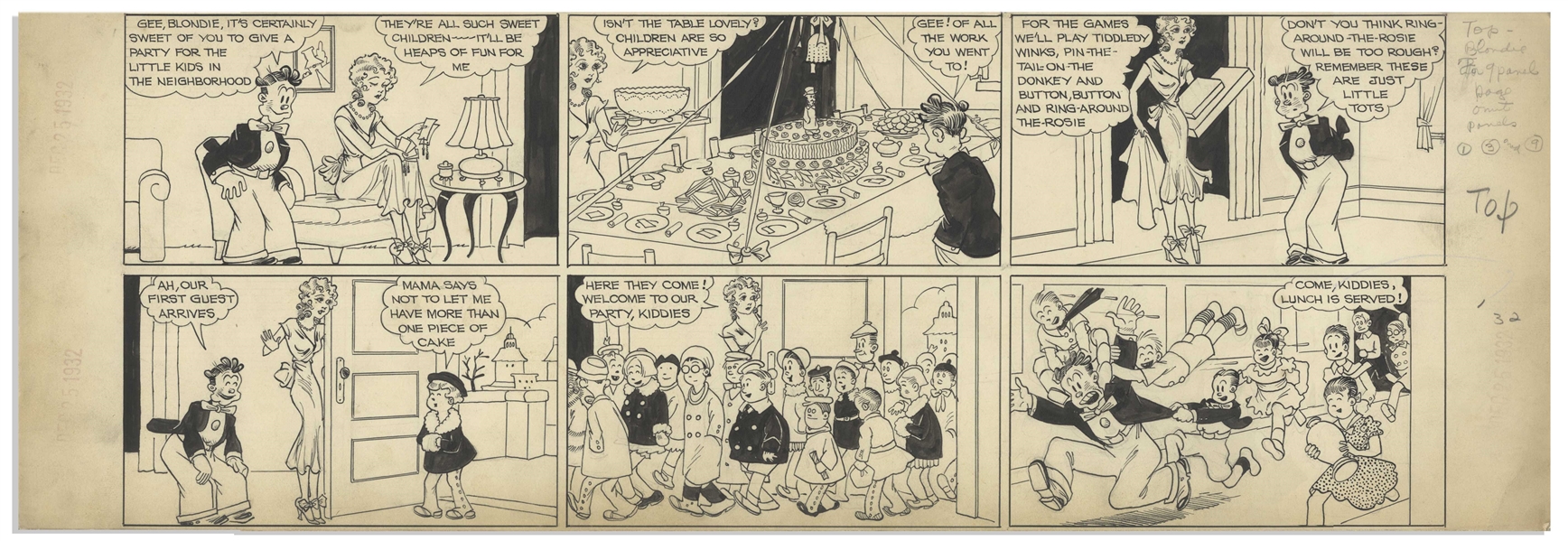 Chic Young Hand-Drawn ''Blondie'' Sunday Comic Strip From Christmas, 1932 Featuring Blondie, Her Boyfriend Hiho & a Children's Party